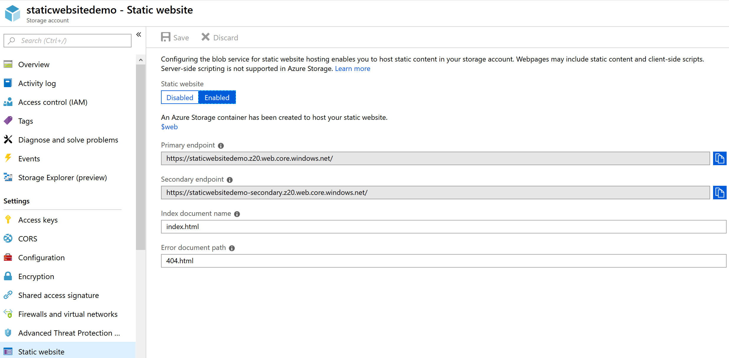 Static Website hosting in an Azure Storage Account